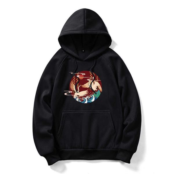 

ursporttech autumn winter men hoodies sweatshirts fashion crane printed hooded sweatshirt male anime hoodie sportswear 210528, Black