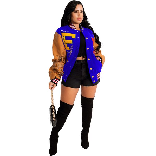 

womens color-blocked printing jackets fashion trend long sleeve splicing varsity baseball coats female winter new loose casual outerwears, Black;brown