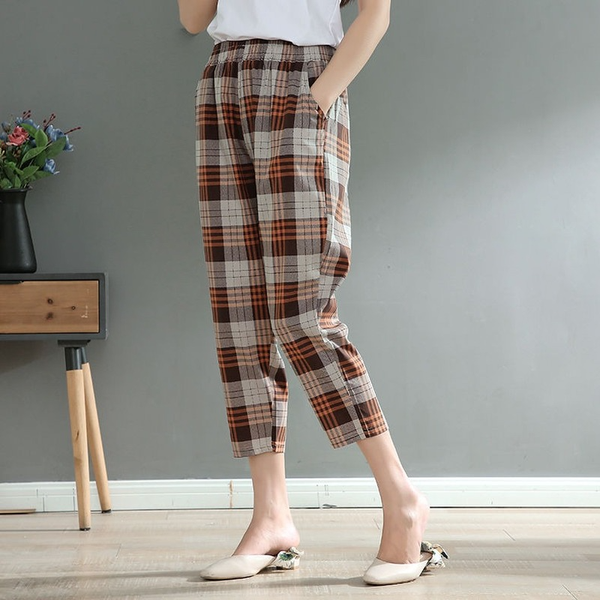 

plaid pants for women plus size elastic waist loose casual woman trousers female clothing womens harem pants vintage streetwear, Black;white