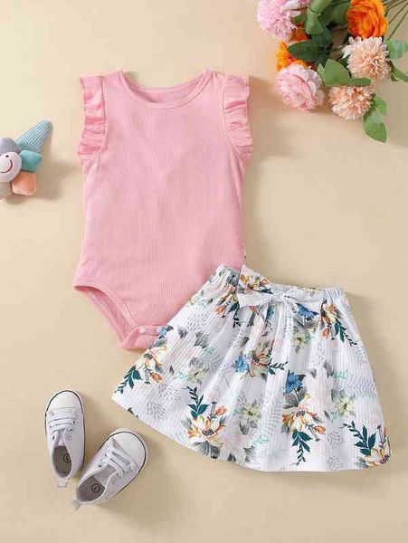 

baby ruffle trim rib-knit bodysuit with floral bow front shorts she, Blue