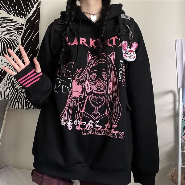 

women's hoodies & sweatshirts woman kawaii funny cartoon punk pullover ullzang cute anime oversize hoodie harajuku with print, Black