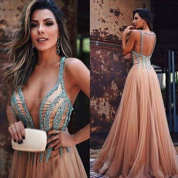 

party dresses charming deep tulle v-neck sequined straps a-line formal evening dress with backless bridal important occasion, White;black