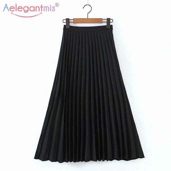 

aelegantmis fashion high waist a line skirt casual loose pleated long skirts woman korean solid female ol summer 210607, Black