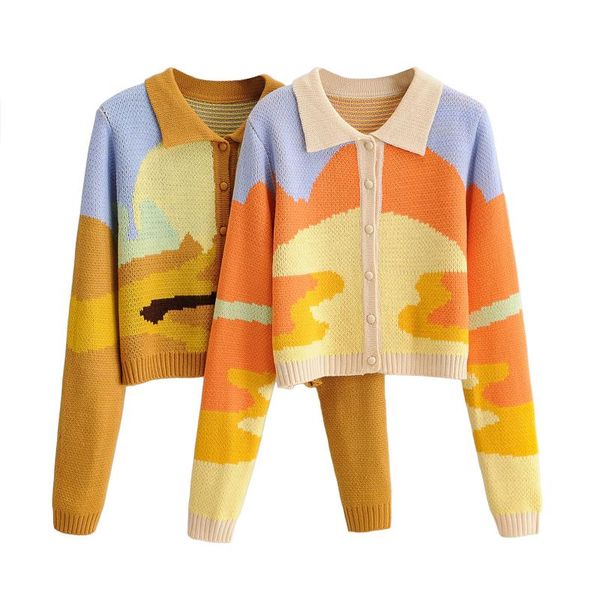 

women's knits & tees 2021 color block knitted cardigan lapel t-shirts single breasted cropped women autumn long sleeve turn down collar, White