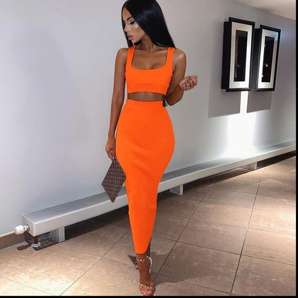 

new womens short vest high waist long skirt suit, Gray