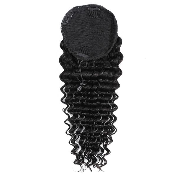 

peruvian 10a drawstring ponytail deep wave ponytails custom textured curly human hair drawstrings pony tail extensions 120g, Black