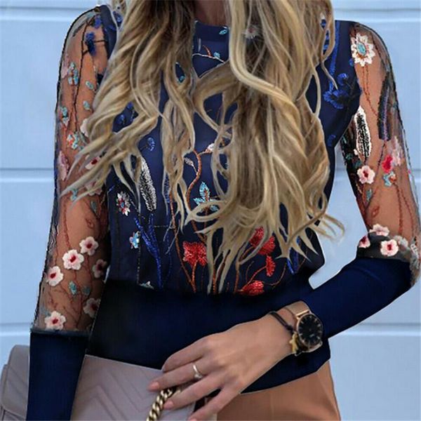 

2021 spring chic floral embroidery women's mesh sheer long puff sleeve t-shirts fairy lady vintage autumn female streetwear, White
