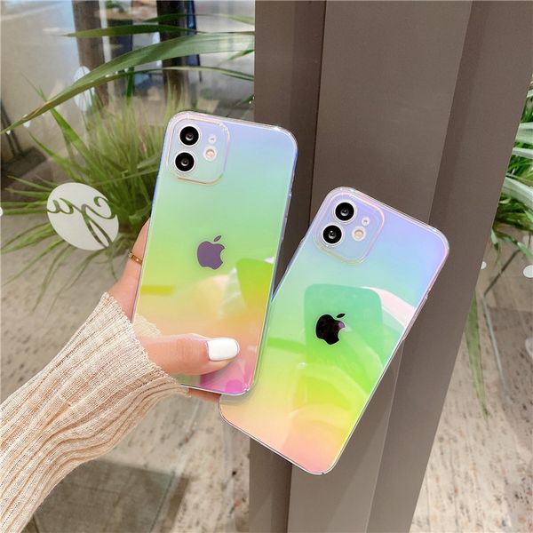 Rainbow Gradient Лазерный телефон Чехлы для iPhone 13 12 11 Pro Max X XR XS 8 PLUS Прозрачные Ins Aurora Жесткий ПК Назад