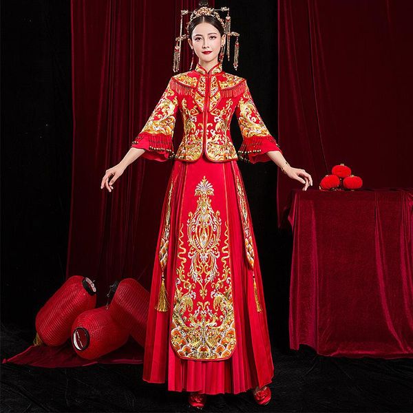 

ethnic clothing exquisite embroidery cheongsam chinese style bride wedding dress oriental marrige costume party vintage vestidos, Red