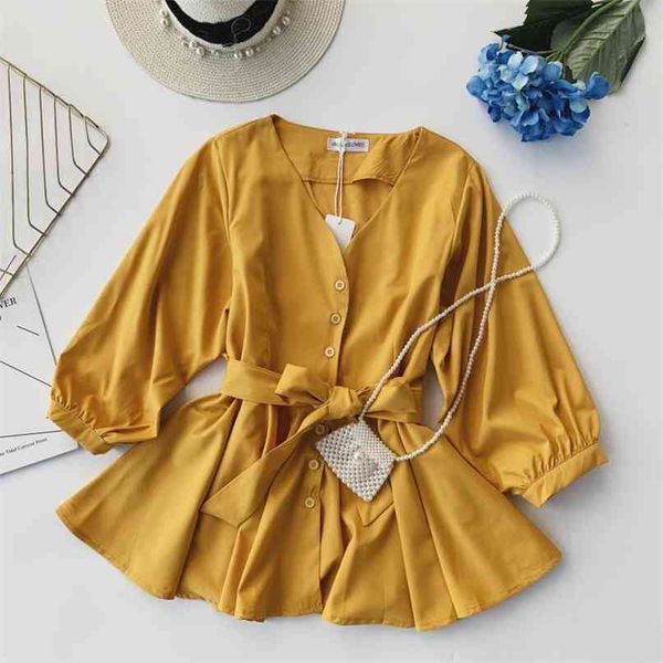 

women pure color v collar half sleeve single breasted slim waist casual shirt blouse camisas mujer harajuku shirts e486 210527, White