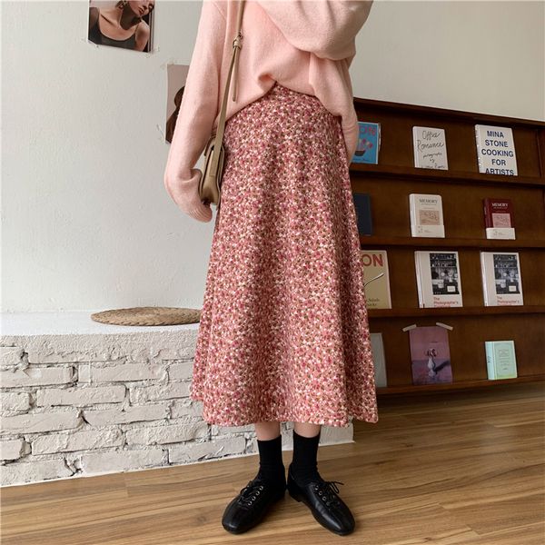 

new 2021 corduroy vintage floral print pleated women korean streetwear elastic waist midi skirt vxj5, Black