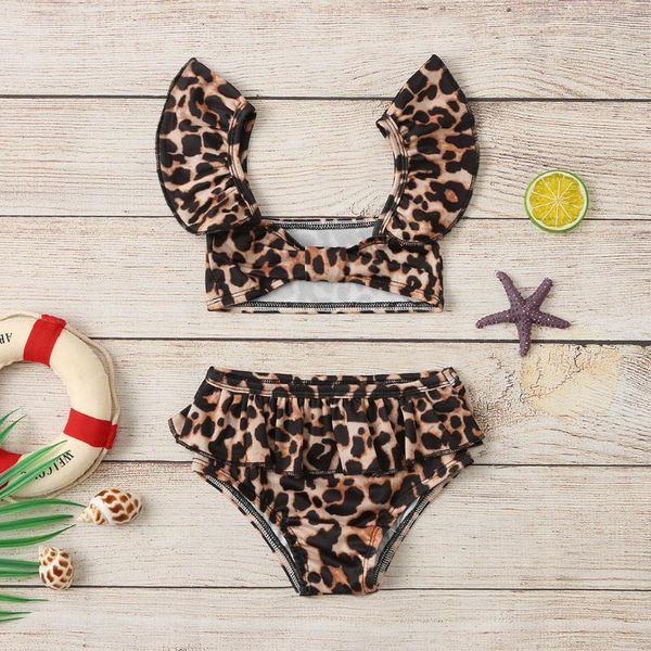 

leopard print kids swimwear baby girls bow ruffle straps swimsuit shorts swim set maillot de bain fille baby swimsuit, Black