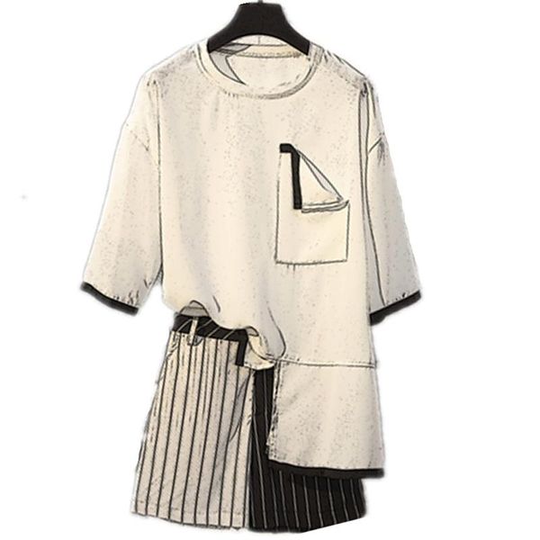 

women's tracksuits summer women korean fashion chiffon blouse striped short pants suit casual shorts outfit costume irregular l -4xl pl, Gray