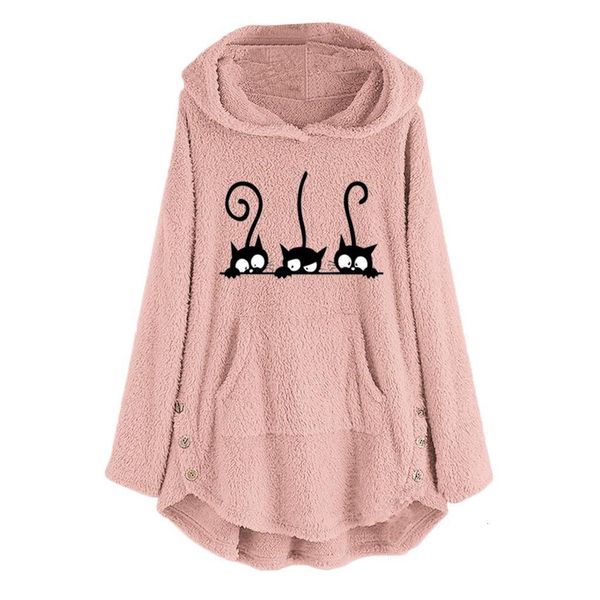 

plus size hoodies womens fleece cat embroidery warm hoodie button autumn winter size long sleeve sweatshirts hoody ladies#y7, Black