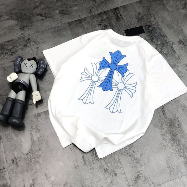 

t shirt trendy recommended spring and summer pasted back blue cross casual round neck loose for men women, White