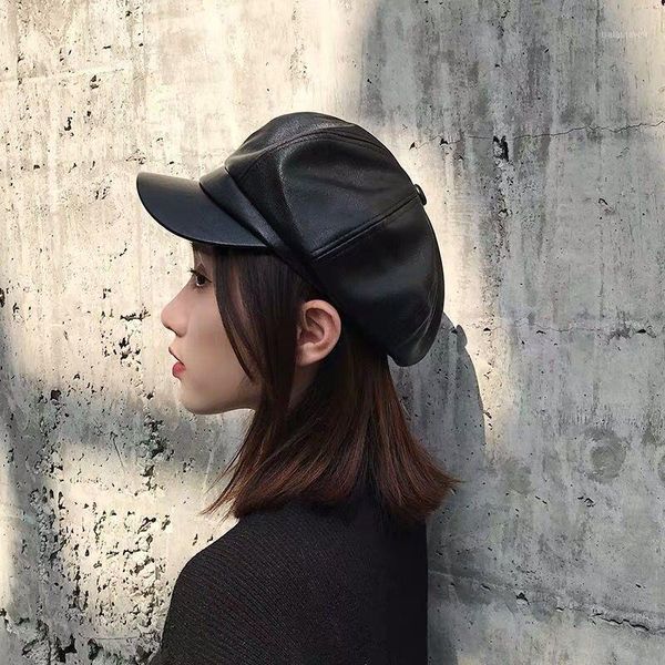 

style pu curved brim octagonal hat korean fashion black beret for girls berets, Blue;gray