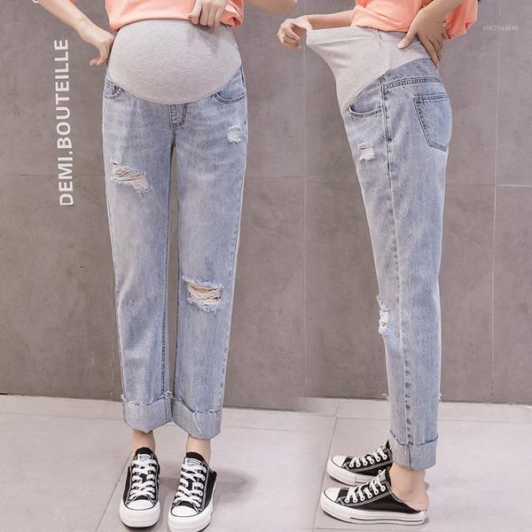 

maternity bottoms 8900 ripped hole denim straight jeans summer high waist belly pants for pregnant women loose pregnancy casual trousers1, White