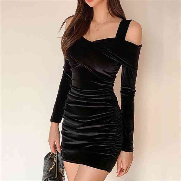 

off shoulder velvet women dresses party autumn spring long sleeve casual dress ladies vintage slim bodycon vestidos, Black;gray