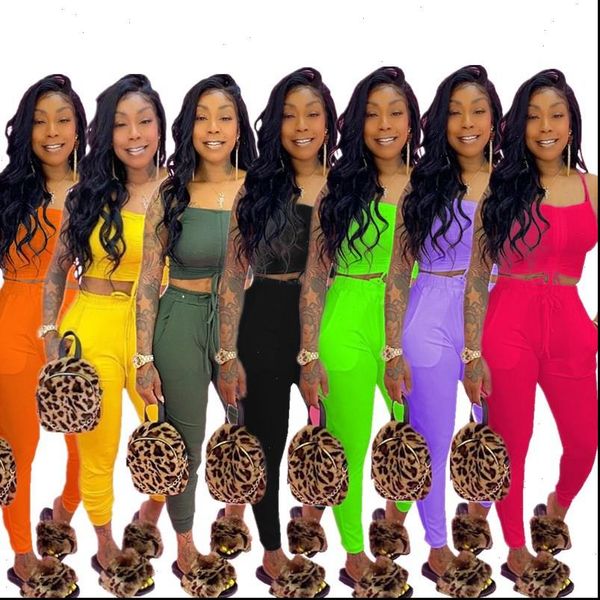 

2021 women set two pieces sets summer tracksuits sleeveless strap pants suit fitness night club party outfits gl2026, Gray