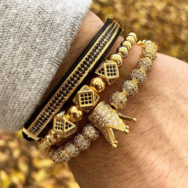 

3pcs/set men bracelet jewelry crown charms punk gold macrame beads bracelets for women masculina pulseira feminina, Golden;silver