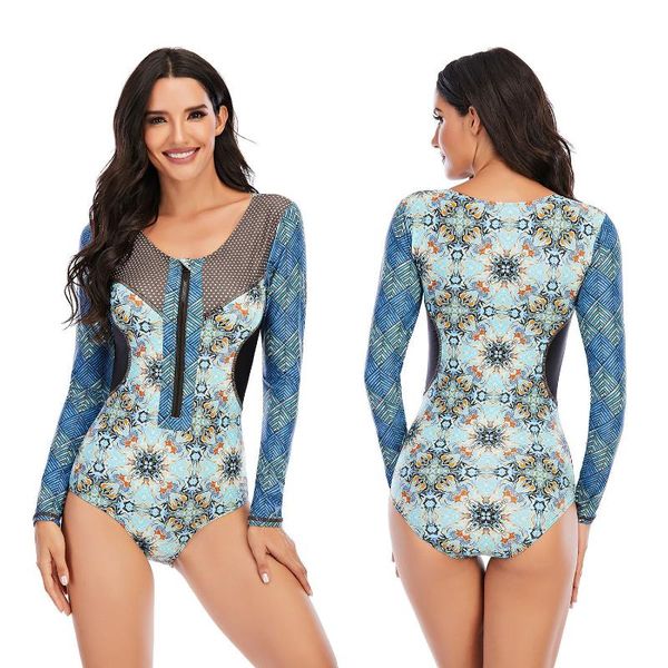 

new plaid diving suit for women one piece swimming wear tight zipper long sleeve swimsuit