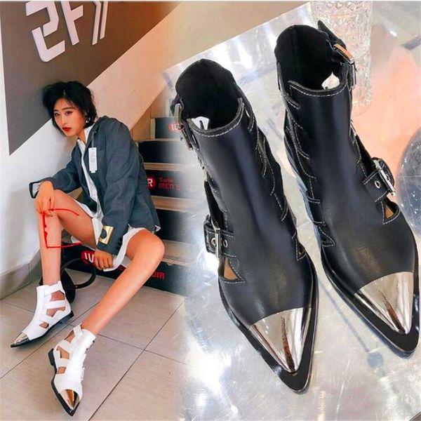 

sandals leather pointed metal decorative ladies high heels black white buckle summer party