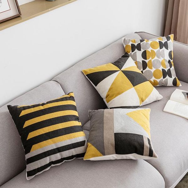

cushion/decorative pillow 18x18 inch cushion cover yellow grey/white geometric triangle circle cotton square embroidery 45x45cm home decor