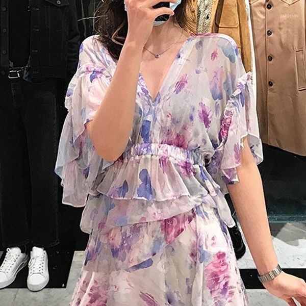 

women's blouses & shirts women v-neck shirt smudge printed ruffles short sleeve female blouse 2021 spring summer, White