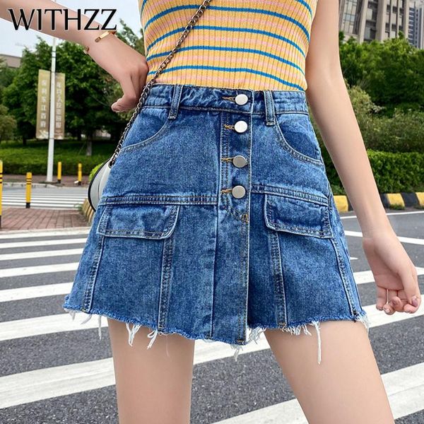 

women's jeans withzz summer denim shorts high waist hakama fake two-piece wide-leg loose, Blue