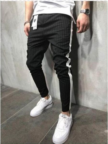 

nd 2021 spring summer new casual sports stitches vertical stretches fashion long men slender feet broek, Black