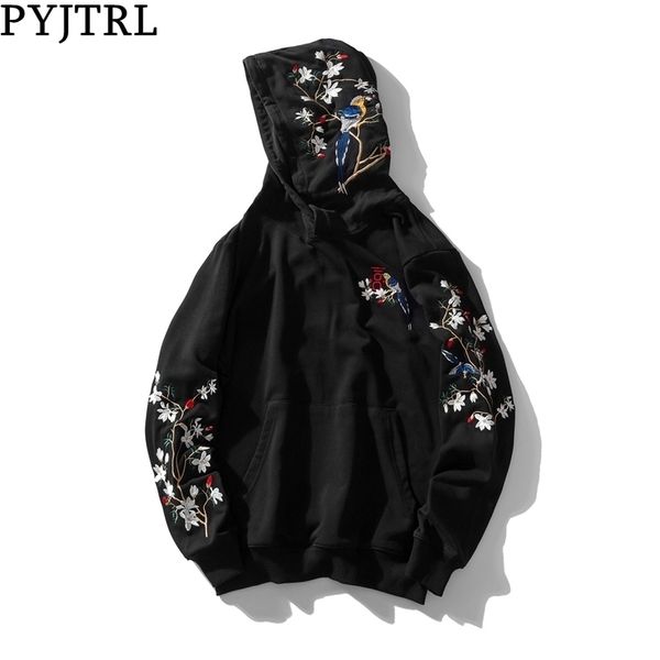 

pyjtrl men fashion autumn chinese style embroidery loose hoodies streetwear hip hop sweatshirts sweat homme clothing 201112, Black