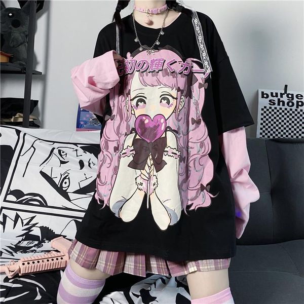

women's t-shirt harajuku loose patchwork two-dimensional cartoon print tshirt gothic punk long sleeve aesthetic female autumn streetwe, White