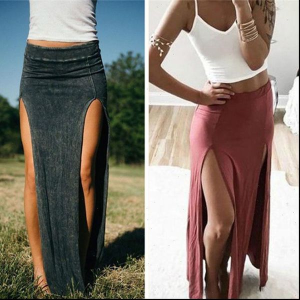 

2021 new arrival high waisted womens double slits summer solid long maxi skirt valentines day gifts, Black