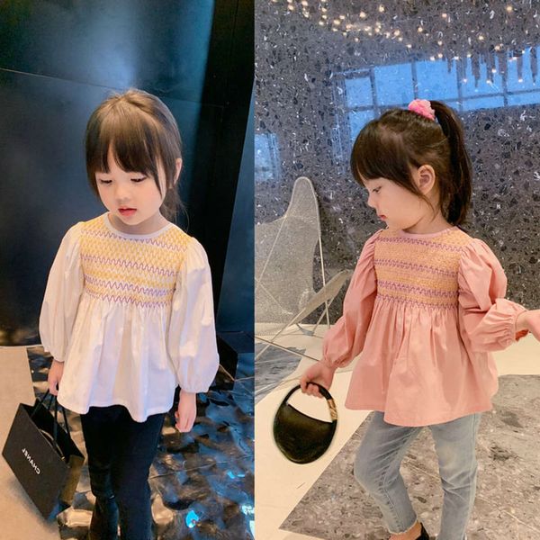 

round girls' t-shirt neck wrinkled elegant coat 21 spring and autumn new children's wear 3-8 years old, Blue