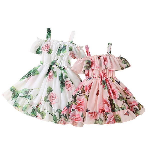 Mädchen Chiffon Blumendruck Hosenträger Kleider Sommer 2021 Kinderkleidung Boutique 1-5T Kleine Mädchen Ärmellos Blumenkleider Senden Sie Geschenke