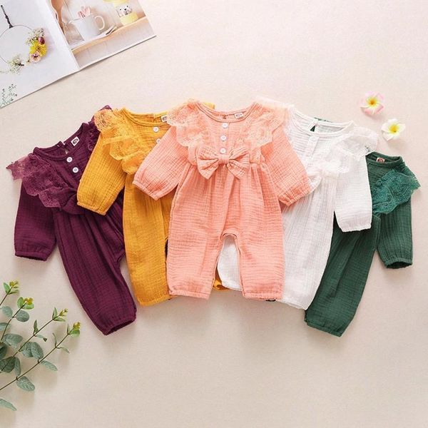 

rompers toddler baby girls romper cotton long sleeve lace bow solid color comfortable jumpsuit born boy girl clothes, Blue