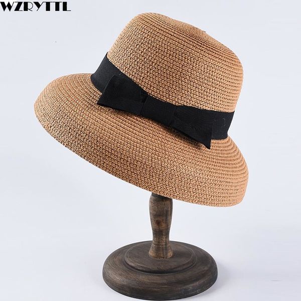 

2021 new cute women packable upf straw sun hats ribbon bow summer beach lady wide brim fedoras derby cloche floppy travel hat 54-59cm 74i9, Blue;gray