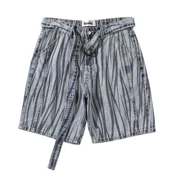 

men's jeans kiovno men stripe printed cotton denim shorts hip hop streetwear washed for male loose fit, Blue