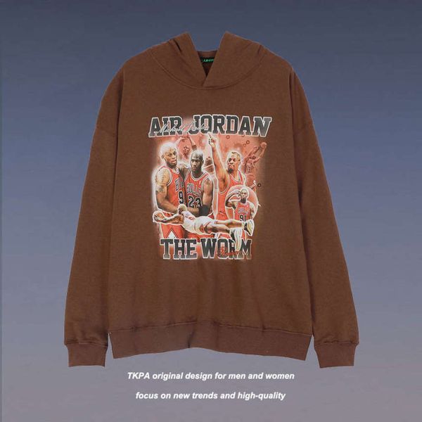 

tkpa trendy basketball star hip hop high street round neck pullover hooded sweater men's and women's loose couple's jacket, Black