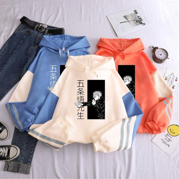 

curse back to battle harajuku gojo gotami print pullover stitching longsleeved hoodie winter warm loose casual sweatshirt, Black