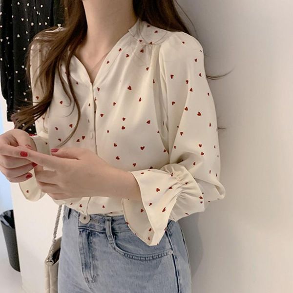 

women shirts long sleeve ladies casual ruffle polka dot blouse v neck shirt korean style fashion, White