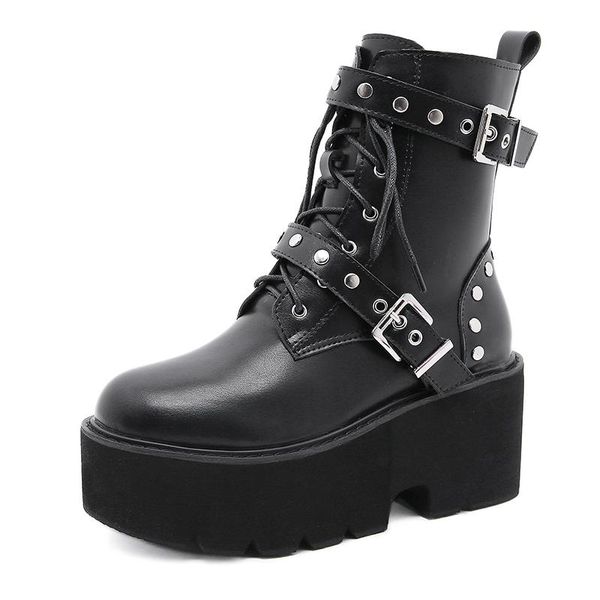 

boots women rivet platform ankle black leather gothic punk buckle strap mid heels snow ljb176-1