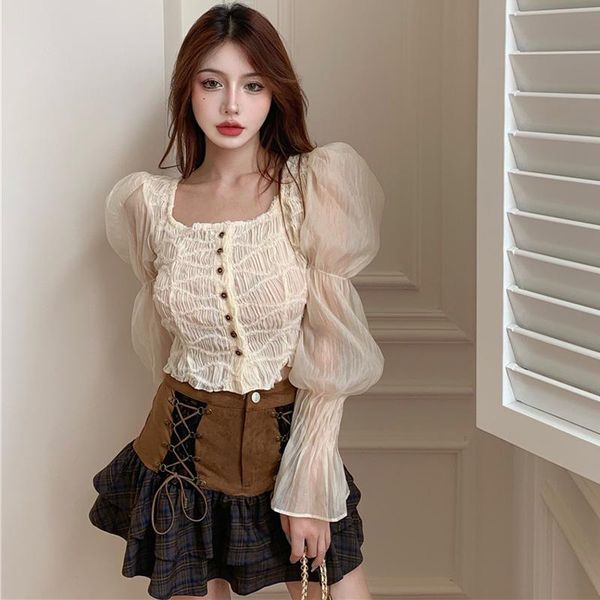 

women's blouses & shirts sweet prairie chic puff sleeve blusas mujer de moda 2021 elegantes slim crop chiffon korean style blouse women, White