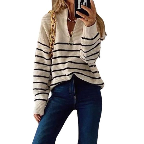 

women's sweaters autumn winter women casual long sleeve striped patchwork jumpers ladies loose knitted fashion zip v-neck pullover, White;black