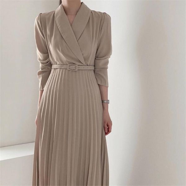 

casual dresses hzirip autumn pleated long blazers dress with sashes close waist prom plus size 2021 robe mujer slim women all match vestidos, Black;gray