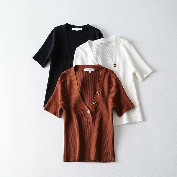 

t shirt 2021 summer fashion pullover v-neck short sleeve slim solid button design women's, White