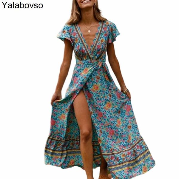 

casual dresses good quality rayon printed floral oversized dress v neck long short sleeve beach clothes female side slit, Black;gray