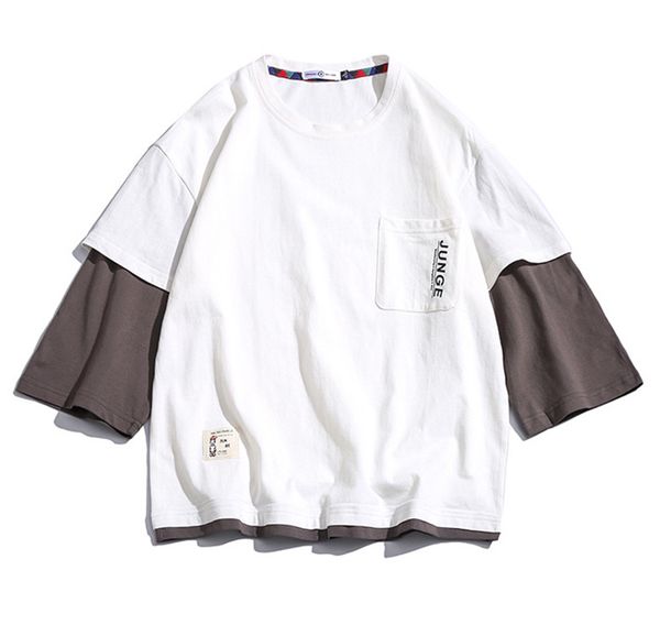 

fashion spring and summer panelled men's t-shirts loose seasons casual solid crew o-neck breathable tee male ins stress clothing, White;black