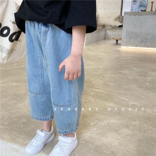 

trousers girls' jeans autumn 2021 children's pure color simple casual korean loose cotton denim ankle-length girls pants, Blue