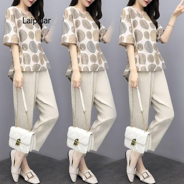 

women's tracksuits cotton and linen women casual set summer short sleeve print dot t shirt pants ladies fashion basic 2 piece plus size, Gray